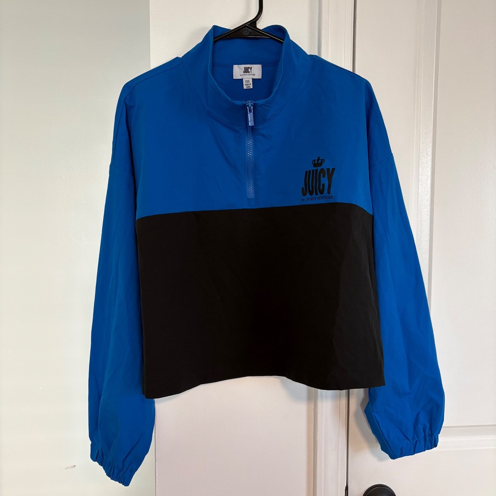 Juicy Couture Blue Black Colorblock‎ Cropped Quarter Zip Pullover Jacket XXL
